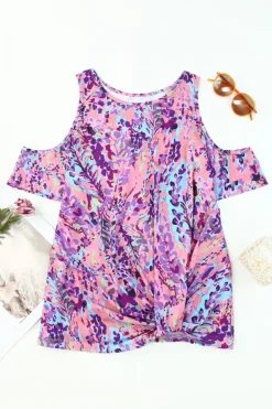 Clearance Dear-Lover Lavender Floral Print Cold Shoulder Blouse Multicolor