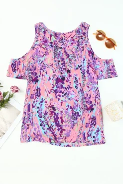 Clearance Dear-Lover Lavender Floral Print Cold Shoulder Blouse Multicolor