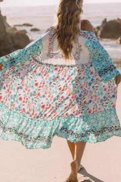 New Dear-Lover Long Sleeve Tassel Tie Floral Kimono Multicolor