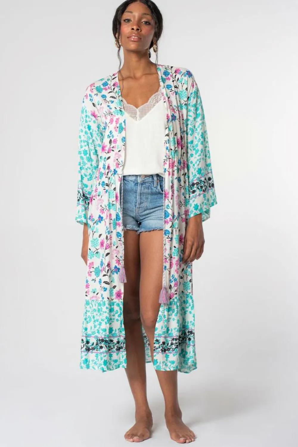 New Dear-Lover Long Sleeve Tassel Tie Floral Kimono Multicolor