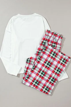 Outlet Dear-Lover Merry Christmas Plaid Print Two Piece Lounge Set Multicolor