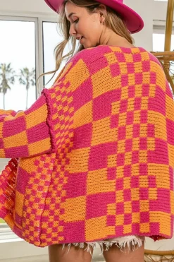 New Dear-Lover Open Front Mixed Checkered Pattern Knit Cardigan Multicolor