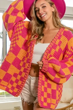 New Dear-Lover Open Front Mixed Checkered Pattern Knit Cardigan Multicolor