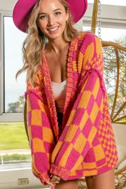 New Dear-Lover Open Front Mixed Checkered Pattern Knit Cardigan Multicolor