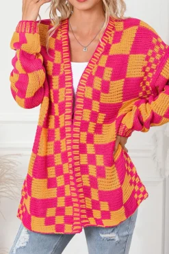 New Dear-Lover Open Front Mixed Checkered Pattern Knit Cardigan Multicolor