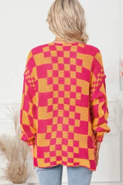 New Dear-Lover Open Front Mixed Checkered Pattern Knit Cardigan Multicolor