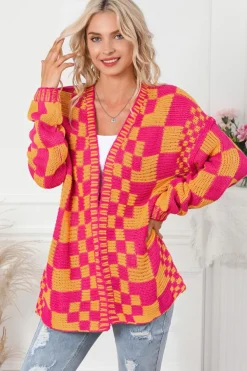 New Dear-Lover Open Front Mixed Checkered Pattern Knit Cardigan Multicolor