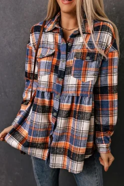 Sale Dear-Lover Plaid Button Down Ruffled Shirt Jacket Multicolor