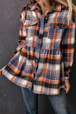 Sale Dear-Lover Plaid Button Down Ruffled Shirt Jacket Multicolor