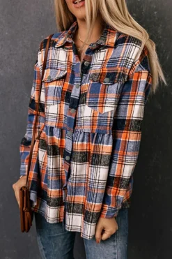 Sale Dear-Lover Plaid Button Down Ruffled Shirt Jacket Multicolor