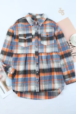 Sale Dear-Lover Plaid Button Down Ruffled Shirt Jacket Multicolor