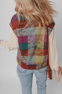 Hot Dear-Lover Plaid Print Side Pockets Zipped Loose Vest Multicolor