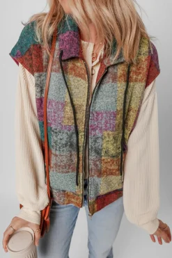 Hot Dear-Lover Plaid Print Side Pockets Zipped Loose Vest Multicolor