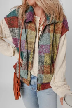 Hot Dear-Lover Plaid Print Side Pockets Zipped Loose Vest Multicolor