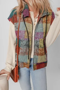 Hot Dear-Lover Plaid Print Side Pockets Zipped Loose Vest Multicolor