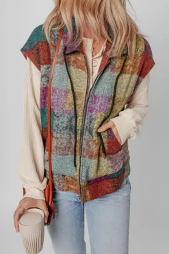 Hot Dear-Lover Plaid Print Side Pockets Zipped Loose Vest Multicolor