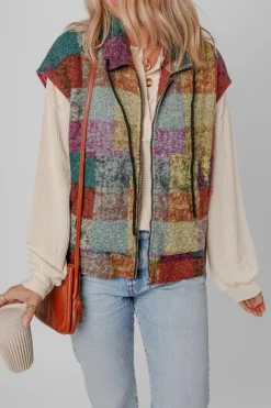 Hot Dear-Lover Plaid Print Side Pockets Zipped Loose Vest Multicolor