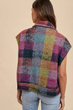Hot Dear-Lover Plaid Print Side Pockets Zipped Loose Vest Multicolor