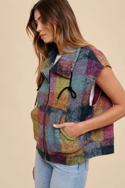 Hot Dear-Lover Plaid Print Side Pockets Zipped Loose Vest Multicolor