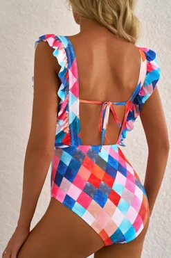 Discount Dear-Lover Plaid Print Square Neck Frill Sleeveless Backless One-piece Swimwear Multicolor