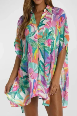 New Dear-Lover Plant Print Button-up Half Sleeve Beach Cover Up Multicolor