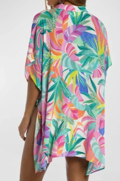 New Dear-Lover Plant Print Button-up Half Sleeve Beach Cover Up Multicolor