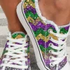 New Dear-Lover Shiny Chevron Striped Lace-up Flat Canvas Shoes Multicolor