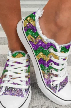New Dear-Lover Shiny Chevron Striped Lace-up Flat Canvas Shoes Multicolor
