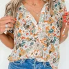 Best Dear-Lover Split V Neck Puff Sleeve Flower Print Blouse Multicolor
