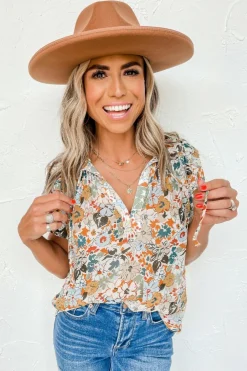 Best Dear-Lover Split V Neck Puff Sleeve Flower Print Blouse Multicolor