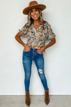Best Dear-Lover Split V Neck Puff Sleeve Flower Print Blouse Multicolor