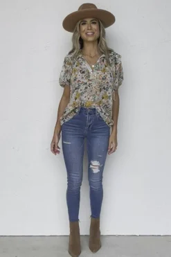 Best Dear-Lover Split V Neck Puff Sleeve Flower Print Blouse Multicolor