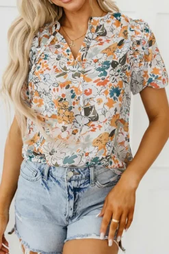 Best Dear-Lover Split V Neck Puff Sleeve Flower Print Blouse Multicolor