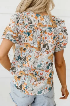 Best Dear-Lover Split V Neck Puff Sleeve Flower Print Blouse Multicolor