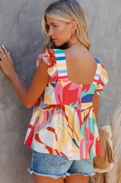Best Dear-Lover Square Neck Abstract Print Tank Top Multicolor