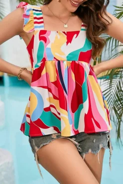 Best Dear-Lover Square Neck Abstract Print Tank Top Multicolor