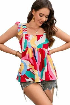 Best Dear-Lover Square Neck Abstract Print Tank Top Multicolor