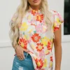Sale Dear-Lover Stand Collar Flutter Sleeves Floral Top Multicolor