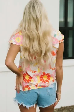 Sale Dear-Lover Stand Collar Flutter Sleeves Floral Top Multicolor