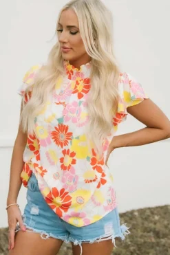 Sale Dear-Lover Stand Collar Flutter Sleeves Floral Top Multicolor