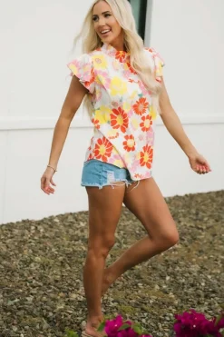 Sale Dear-Lover Stand Collar Flutter Sleeves Floral Top Multicolor