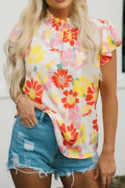 Sale Dear-Lover Stand Collar Flutter Sleeves Floral Top Multicolor