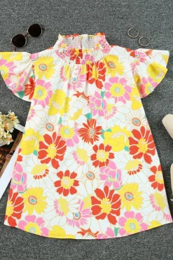 Sale Dear-Lover Stand Collar Flutter Sleeves Floral Top Multicolor