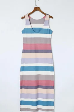 Sale Dear-Lover Stripe Print Slit Maxi Tank Top Dress Multicolor