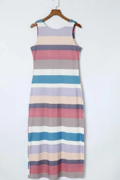 Sale Dear-Lover Stripe Print Slit Maxi Tank Top Dress Multicolor