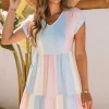 New Dear-Lover Striped Color Block Tiered Mini Dress Multicolor