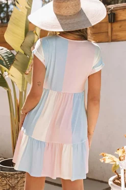 New Dear-Lover Striped Color Block Tiered Mini Dress Multicolor
