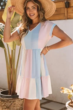 New Dear-Lover Striped Color Block Tiered Mini Dress Multicolor