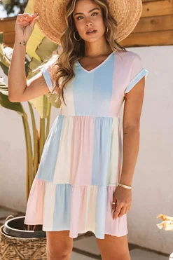 New Dear-Lover Striped Color Block Tiered Mini Dress Multicolor