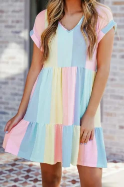 New Dear-Lover Striped Color Block Tiered Mini Dress Multicolor